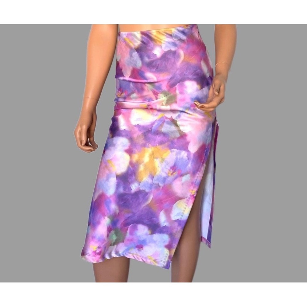 Urban Outfitters Purple Watercolor Floral Midi Skirt Side Slit Womens Size M